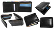 Set collection of men's black leather wallet with some money and cards in it, cut out