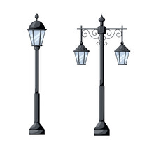 Set Of Vintage Street Lamps In Cartoon Style. Vector Illustration Of Beautiful Street Lamps Of Different Sizes And Shapes Isolated On White Background. Lighting Of Streets And Sidewalks.