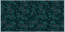 Elegant Seamless Pattern With Winter Plant Dark Green Leaves And Red Berries. 