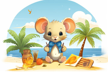 Wall Mural - cartoon illustration of a cute mouse on the beach