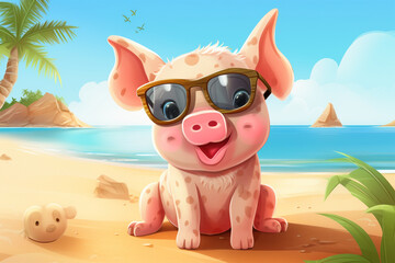 Wall Mural - cartoon illustration of a cute pig on the beach