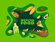 Mexican cuisine food paper cut banner with meals and dishes of Mexico, vector background. Mexican cuisine tacos with burrito and tequila, avocado guacamole salsa and fajitas with sweetcorn and chili