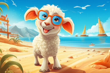 Wall Mural - cartoon illustration of a cute sheep on the beach