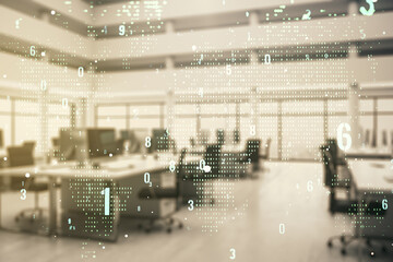 Wall Mural - double exposure of abstract programming language hologram and world map on modern corporate office b