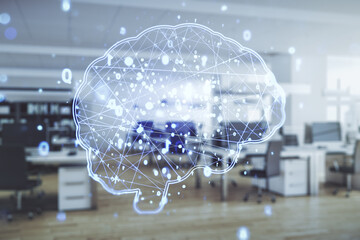 Wall Mural - virtual creative artificial intelligence hologram with human brain sketch on a modern furnished clas