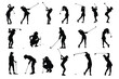 Vector silhouettes of collection of female golf players, equipment for design in trendy flat style isolated on white background. Symbols for designing your website, logo, app, publications.