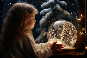 Poster - A young child sits in a cozy room, completely absorbed in the intricate world inside a snow globe he is holding