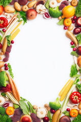 Wall Mural - Frame of fresh vegetables and fruits on white background with space for text.