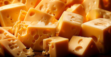 Yellow Cheese Cubes Stacked In Random Order On A Black Background - AI Generated Image