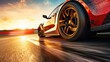 Racing car racer wheel racing on track at sunset