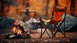 © pixcel3d - Chair next to a camp fire in the middle of the woods