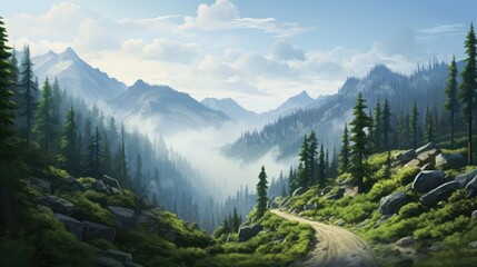 mountain nature road alpine landscape illustration outdoor forest, tourism transport, foggy motorcyc