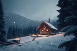 Fototapeta Dziecięca - Generative Ai image of a log cabin in snowy woods at night, christmastime card.