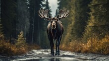 A Moose Traverses The Road