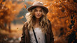 © jr-art - A young pretty blonde woman with long hair walks through an autumn forest wearing a hat