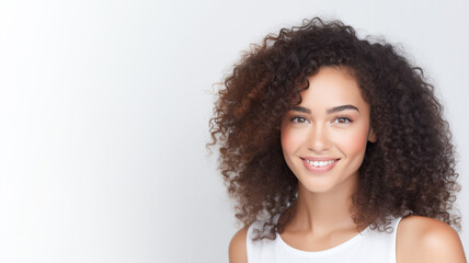 Wall Mural - Portrait of a beautiful young woman standing and smiling on a white background, copy space.
