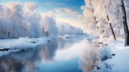 Wall Mural - snow winter river bright landscape illustration nature cold, frost ice, travel weather snow winter r