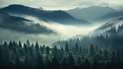 Wall Mural - misty valley wood fog landscape illustration gy mist, morning travel, nature view misty valley wood fog landscape