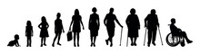 Woman Life Cycle And Aging Process Stages From Baby To Elderly Stages Human Life Path Vector Silhouette Set.