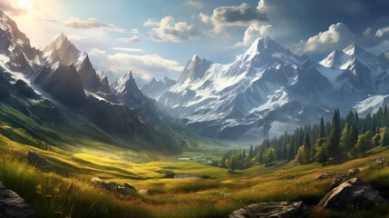 Wall Mural - nature valley beautiful panorama landscape illustration summer environment, forest scenery, view majestic nature valley beautiful panorama landscape