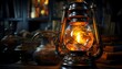 Kerosene lamp on the table in a dark room. High quality photo