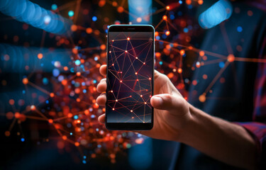 Wall Mural - hand holding smartphone with abstract network connection on dark background