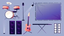Lights And Loudspeakers, Musical Instruments For Stage Live Concert. Vector Isolated Drums Kit And Microphone, Guitar And Piano Keyboard, Whiteboard For Image And Video Show Effects