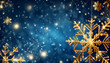 Blue sparkling Christmas and winter background with golden snowflakes,