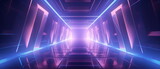 Fototapeta Przestrzenne - Neon corridor with lines glowing in ultraviolet light and purple neon scene . Neon geometric background with shapes with copy space for poster, website, brochure, banner, app. Generative ai