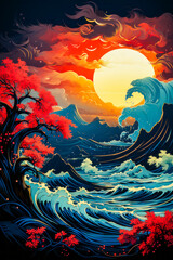 Wall Mural - Image of sunset over the ocean with waves and trees.