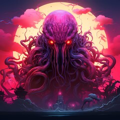 Sticker - Giant octopus with glowing eyes standing in front of full moon.