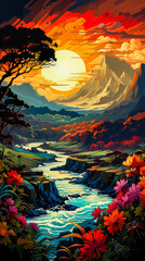 Wall Mural - Image of river with mountains in the background and flowers in the foreground.