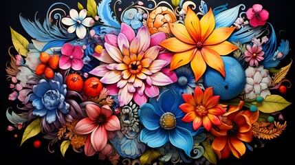 Wall Mural - Image of bunch of flowers on black background.