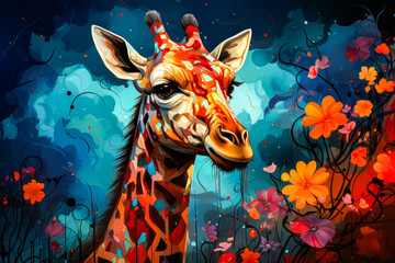 Sticker - Image of giraffe in field of flowers.