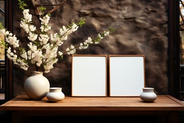 Wall Mural - Wooden table topped with vases filled with white flowers.