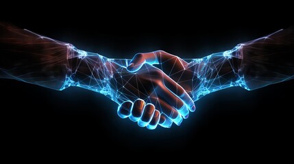 two wire-frame glowing hands, handshake, technology, business, trust concep.