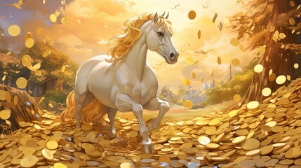 a fantasy world full of gold coins on the ground and white horse