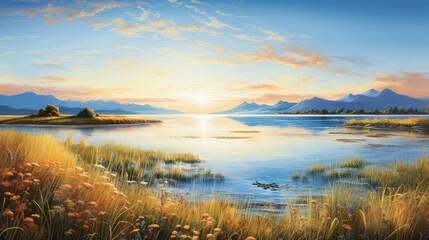 Wall Mural - grass field lake sun landscape illustration summer outdoor, water light, scenery spring grass field lake sun landscape