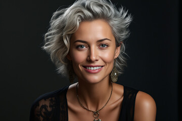 Poster - Woman with necklace and earrings on her neck smiling.