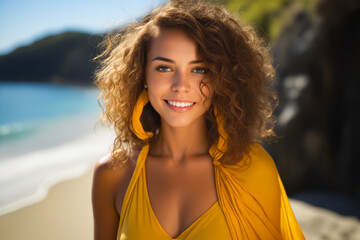 Wall Mural - Woman with curly hair wearing yellow top on beach.