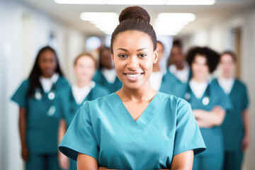 Wall Mural - Smiling group of women healthcare professionals wearing scrubs and posing together in a hospital. Portrait of diverse female nurses together. 