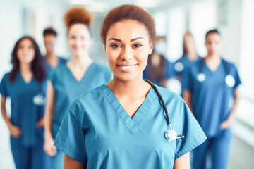 Wall Mural - Smiling group of women healthcare professionals wearing scrubs and posing together in a hospital. Portrait of diverse female nurses together. 