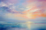 Fototapeta  - Ilustración estilo acuarela del paisaje del mar en calma en un atardecer colorido.