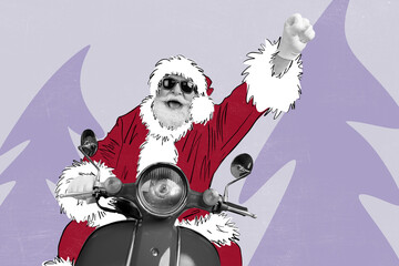 Wall Mural - Creative abstract template collage of funny excited santa claus fast scooter drive new year x-mas magazine sketch christmas shopping advert