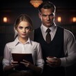 © wiga - a beautiful innocent looking girl in waitress uniform holding an old book and a handsome boss behind her back is looking at her