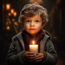 A Boy In 2023 Clothing Style Holding A Chrismas Candle Which Reflects A Light In His Eyes And Gives A Sparkle In His Face With An Expression Of Hopefullness