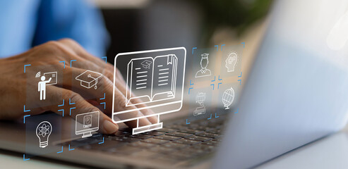 Wall Mural - human use laptop technology internet learning and study online class technology network, e-learning,