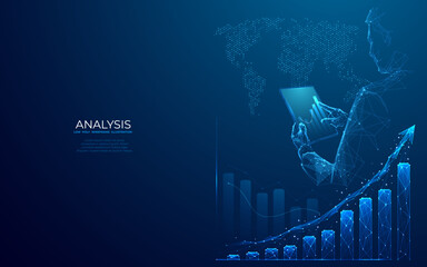 Leinwandbilder - Stock market concept. Growth chart and businessman with tablet in his hands. Global business. Abstract diagram with up arrow in low poly wireframe style on dark blue background. Finance and economy.