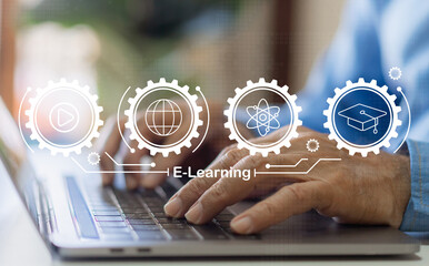Wall Mural - human use laptop technology internet learning and study online class technology network, e-learning,