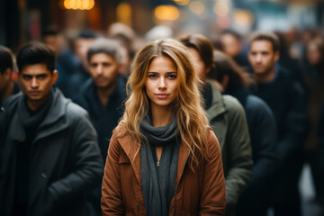 Poster - Woman standing in crowd of people with scarf around her neck.